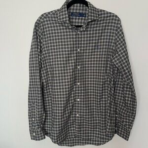Polo Ralph Lauren Plaid Button Up Short Long Sleeve Brown Med EUC 100% Cotton